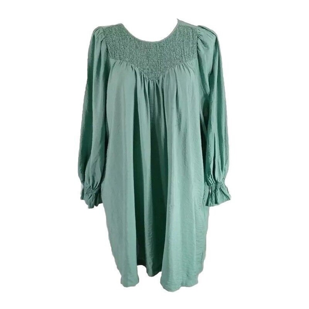 A New Day Dress XXL Green Smocked Tie Shift Long Sleeve Ruffle Pockets 2XL